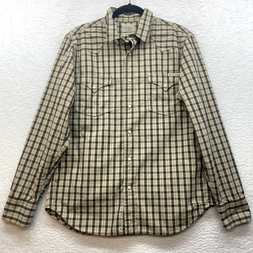 Lucky Brand Shirt Mens Medium Brown Plaid Pearl Snap Sportswear Western Cowboy